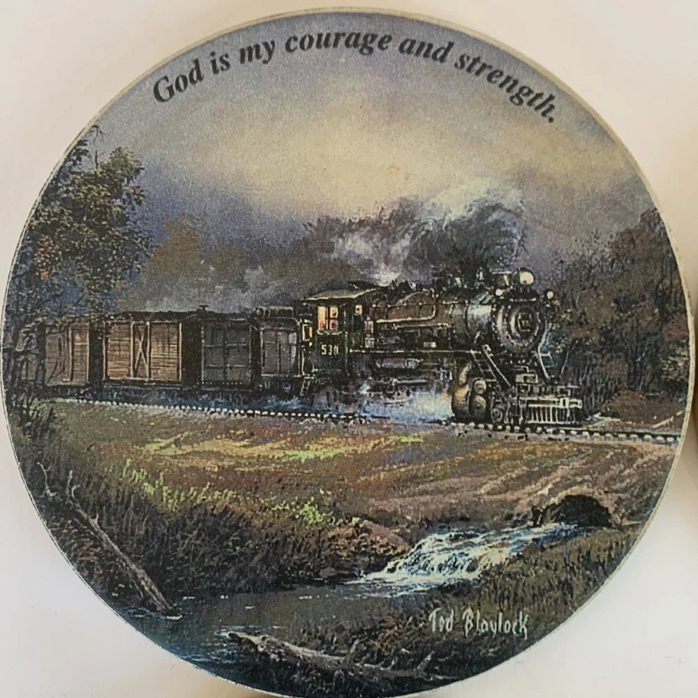 Coasters For‎ Drink Ceramic Ted Blaylock Set of 4 Steam Train Art & Bible Verses